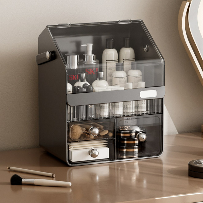 리빙코아 화장품 정리함 다용도 커버형 대용량 화장품 정리대 특대형, 블랙