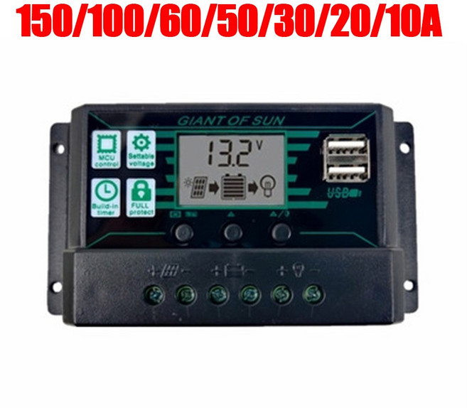 태양광컨트롤러 충전 150A 100A 60A 50A 30A 20A 10A MPPT PWM 12V 24V LCD 디스플레이 2 USB 포트 태양 전지 패널 배, 10A급, 6) 100A, 1개