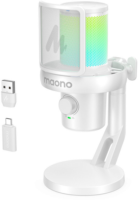 마오노 무선 AI 음성변조 원터치 노이즈캔슬링 음소거 콘덴서 마이크 게이밍 방송용 스트리밍 보컬용 DM40, 탁상형, 화이트