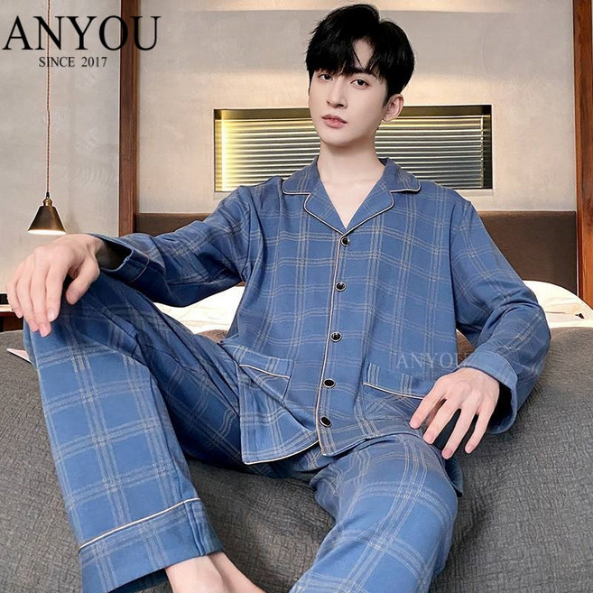 ANYOU 남성 파자마 세트 순면 긴팔 봄 청소년 전면 가을 겨울 남성복 + 사이즈 세트 패밀리룩