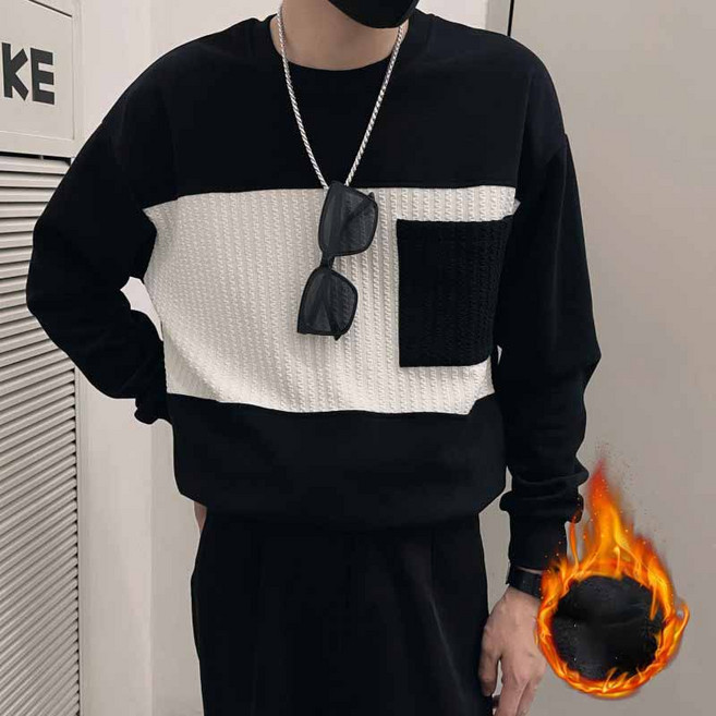 AOKADA 남성 오버핏 라운드 배색 배치워크 기모 맨투맨 티셔츠 상의