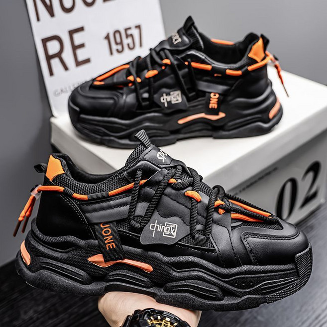 國潮男鞋 透氣網面 潮流百搭 厚底運動鞋 休閒老爹鞋, 1個, A002黑色 單雙裝39