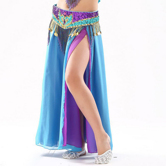 couyor 성인밸리댄스복치마 양 트임 시폰 스커트 벨리댄스 섹시 스커트 댄스 스커트 밸리댄스 퍼포먼스 스커트 벨리댄스복 하의, 스카이블루+다크보라