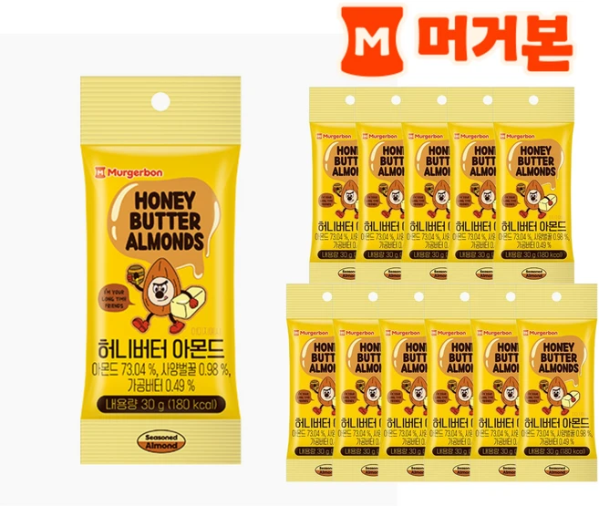 [머거본] 허니버터 아몬드 달콤고소 스낵 / 견과류 간식 / 휴대용 소포장, 30g, 12개 - 쿠팡