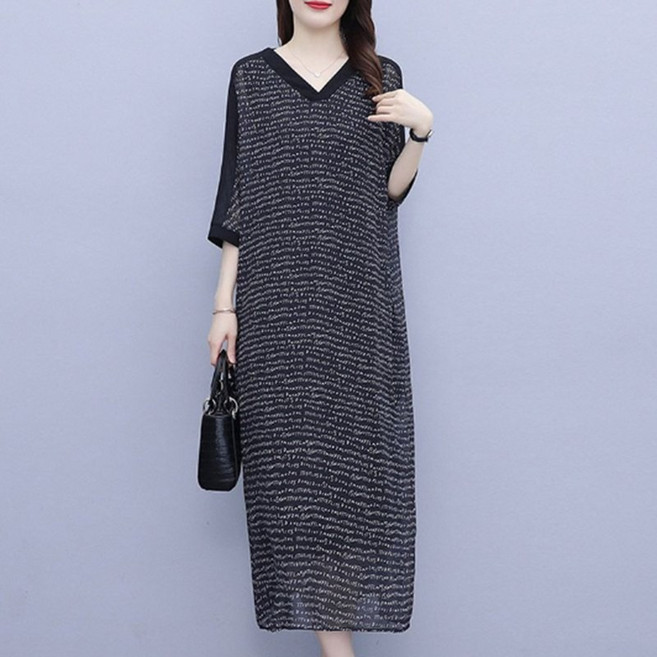 다중성 여성 빅사이즈 반팔 브이넥 쉬폰 원피스