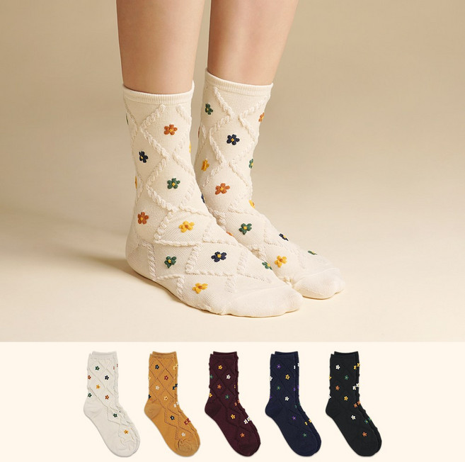 키키야 삭스 중목 패션양말 엠보 플라워 5color