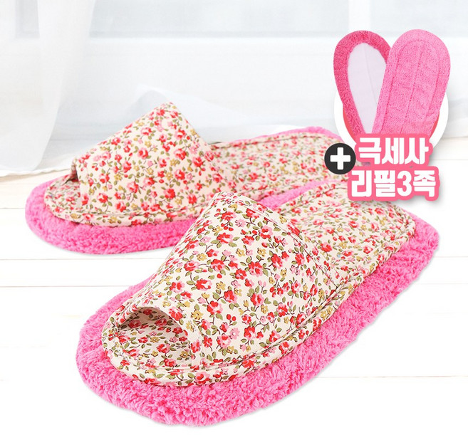 [라이펀] 극세사 청소실내화 알장미(핑크)+리필3족, 1개, 단품