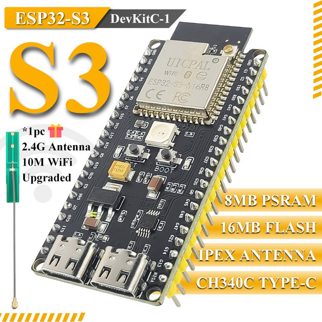 ESP32-S3-DevKitC-1 개발 보드 Arduino 8MB PSRAM 16MB 플래시 N16R8 42Pin CH340C Type-C ESP32 S3용 BT 2, 1개