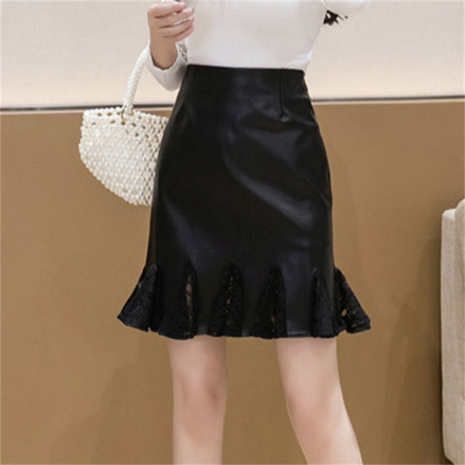 besteffie 여성 가을 겨울 미니 스커트 레이스 포인트 하이웨스트 세련된 디자인 H라인 오피스 여자 PU 가죽 치마 Q55