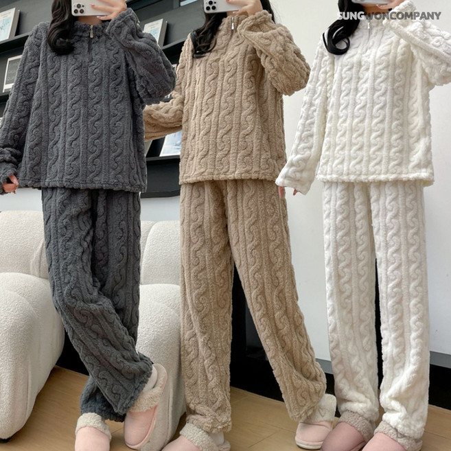 이너퀸 프리수 여성용 겨울 반집업 하이넥 목폴라 꽈배기 트위스트 케이블 패턴 수면 극세사 밍크 잠옷 홈웨어 세트 반집업꽈배기세트