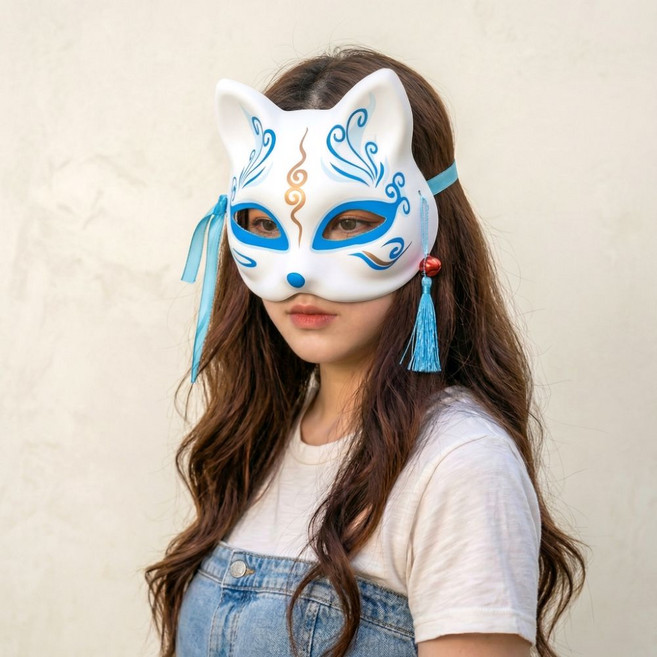 솔레르 일본 여우 가면 고양이 반가면, 1개, 블루