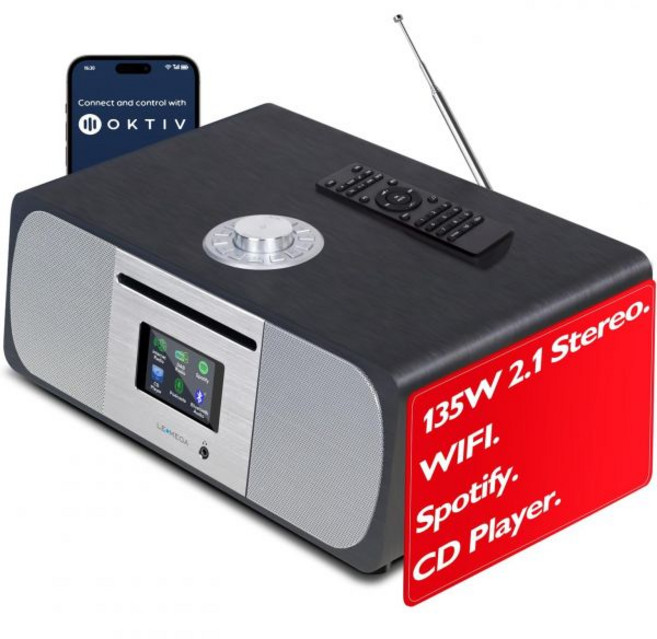 LEMega M3P WiFi 인터넷 라디오 FM 디지털 스포티파이 커넥트 블루투스 스피커 스테레오 사운드 우드 박스 헤드폰 출력 AUX-in 40 프리셋 듀얼 알람 시계 원격, 블랙, 블랙