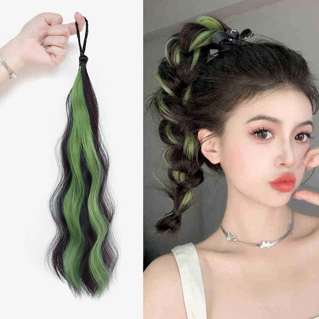 MIZUCOS 컬러 헤어 웨이브 긴머리 브릿지 포니테일 부분 가발 머리끈, 그린, 1개