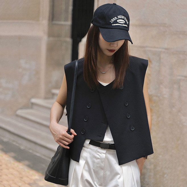 여성용 데일리 숏 민소매 조끼 더블 버튼 정장 베스트