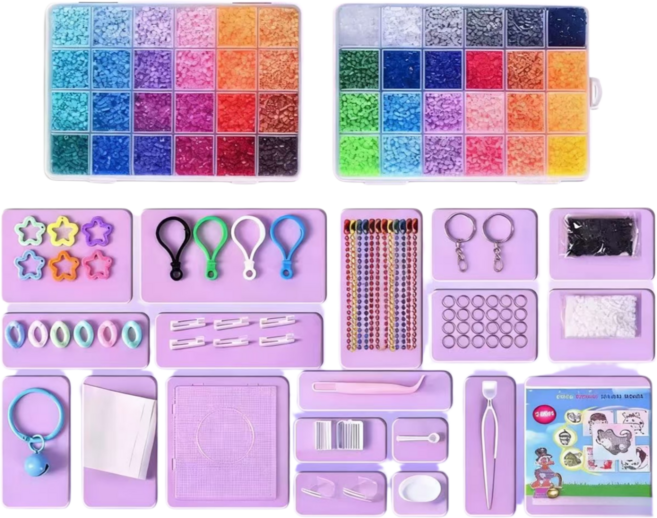 컬러비즈세트 24/48/색 DIY공예 키링집게 만들기 풀구성 수납케이스 포함 대용량 비즈키트, 1개, 48색