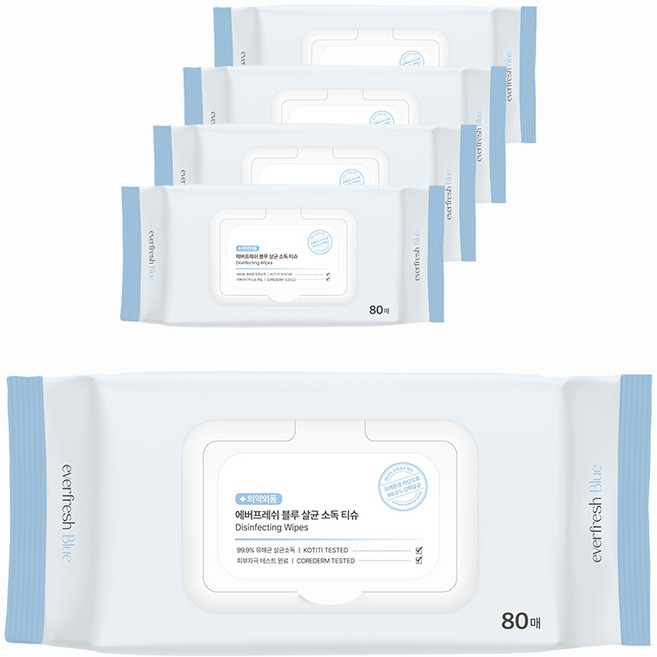 에버프레쉬 블루 살균 소독티슈 캡형, 5개, 80매