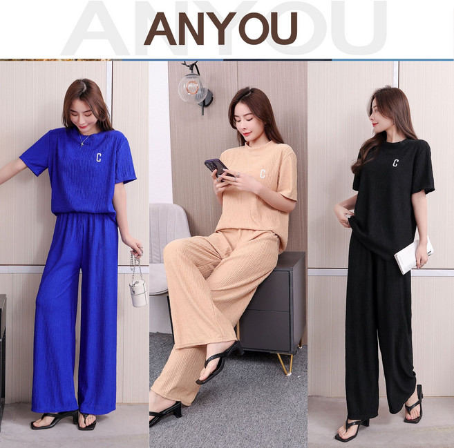 ANYOU 여름 여성트레이닝세트 캐주얼 운동복세트 여자 반팔티+ 와이드팬츠 상하세트
