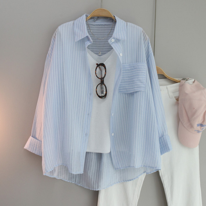 달콩 여성 리턴스트라이프카라셔츠 시스루셔츠 롱셔츠 여름셔츠