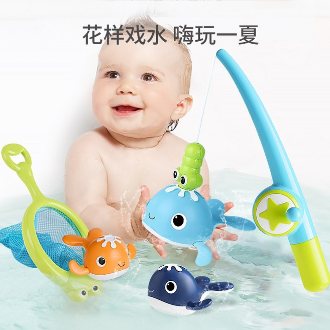 洗澡玩具 磁力釣魚玩具組 兒童浴室戲水撈魚玩具 安全材質, 1個, 釣竿+撈魚+2隻魚一套, 藍色