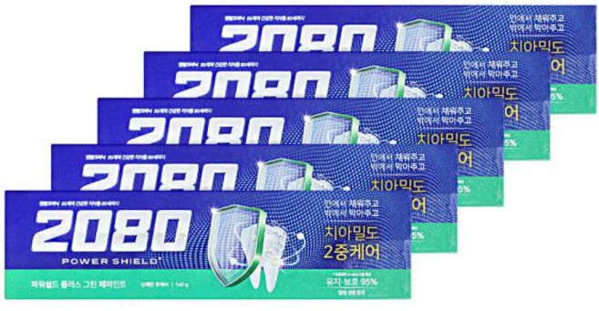 애경 2080 파워쉴드 플러스 그린 페퍼민트 치약 상쾌한 후레쉬 140g 5개 양치