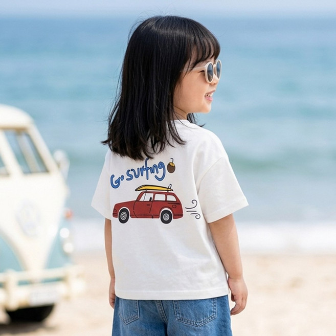 몽실이 서핑 반팔티셔츠 유아 남아 여아 자동차 프린트 기본 여름 티