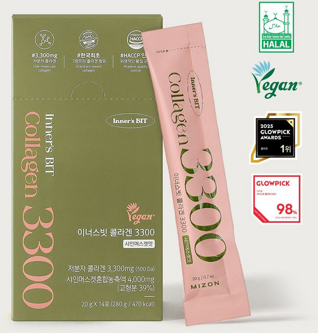 미즈온 이너스빗 프리미엄 식물성 비건 먹는 콜라겐 젤리스틱 3300mg 14포, 2박스, 280g