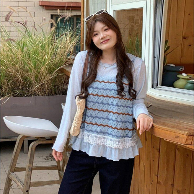 레이어드긴팔티 뷔스티에세트 니트베스트세트 여자긴팔티 봄긴팔상의