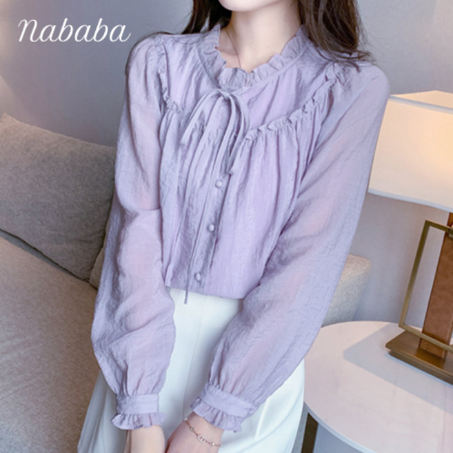 나바바 NB1865 여성 러블리 프릴 리본 긴팔 블라우스