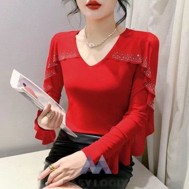 이지로지엑스 나비 레이스 라틴 연습복 여성 댄스복 상의 화려한 티셔츠, M, 레드