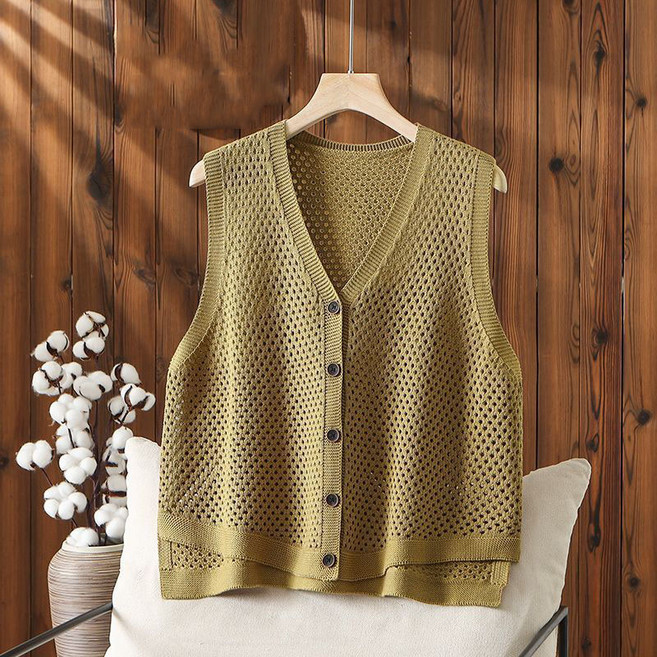 여성 봄 여름 니트 조끼 캐주얼 브이넥 니트 베스트 빈티지 얇은 펀칭 니트 아우터 루즈핏 민소매 니트 조끼 베스트 CY