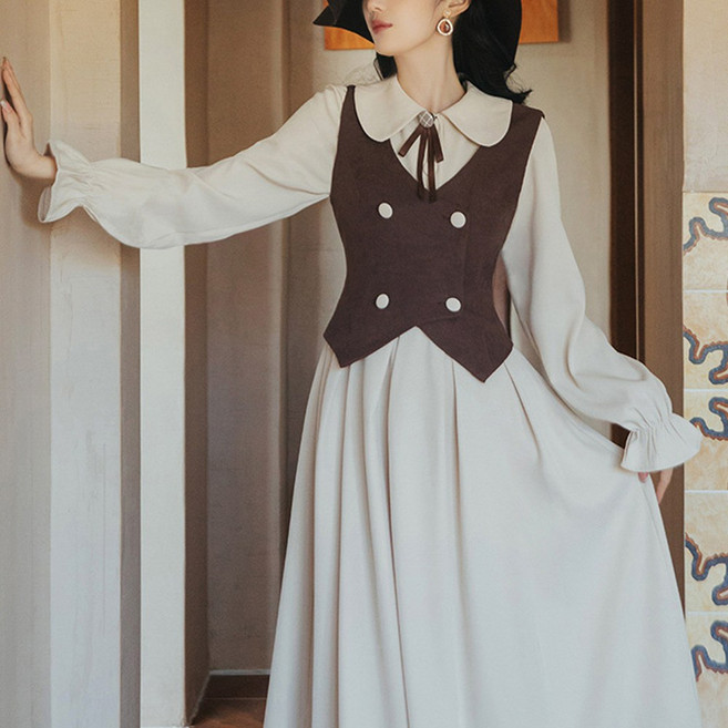(대여) 크림 라운드카라 원피스 브라운 조끼 투피스