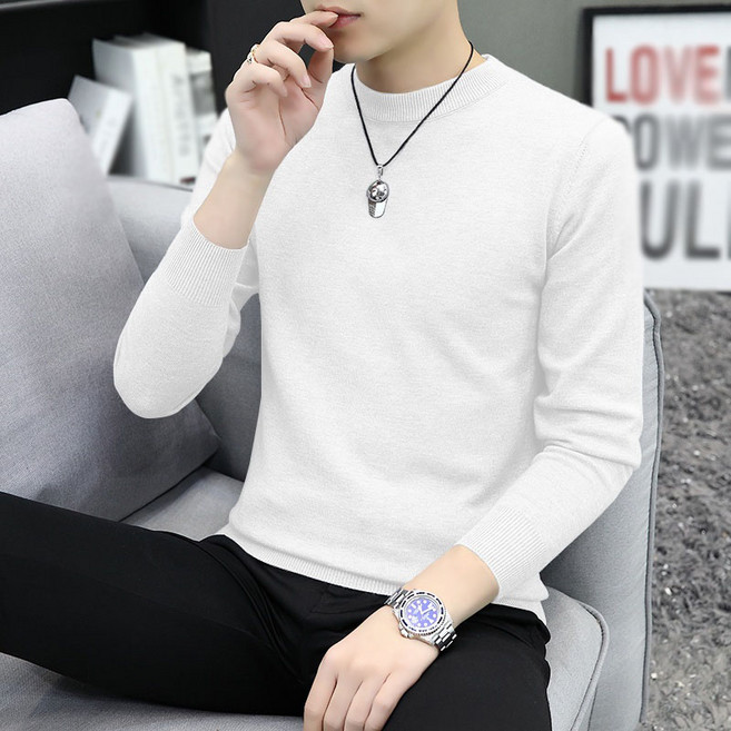 AOKADA 남성 봄 가을 슬림핏 라운드넥 골지 니트 티셔츠 캐주얼 풀오버 스웨터