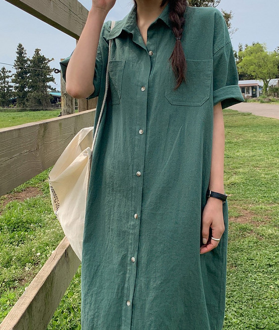 【慵懶顯瘦】襯衫連衣裙 連衣裙 長裙 襯衫裙 韓系連衣裙 純色連衣裙 寬鬆百搭 簡約氣質 棉麻面料 夏季日常通勤, 深綠色長款