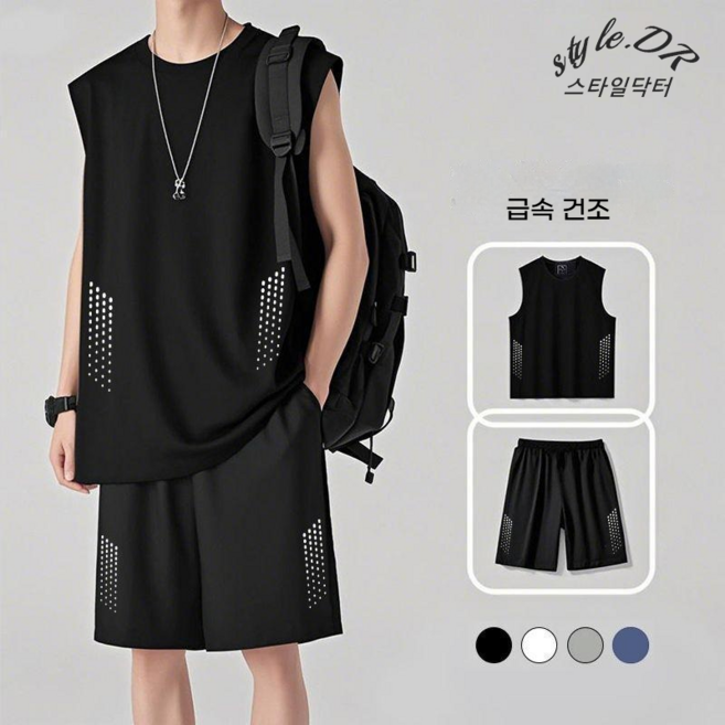 스타일닥터 남성 민소매 라운드 냉감 티셔츠 급속 건조 여름 트레이닝복 상하세트