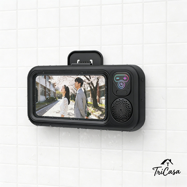 360도 욕실 방수 핸드폰거치대 스피커 방수 케이스 터치 거치대, 블랙, TRI-5