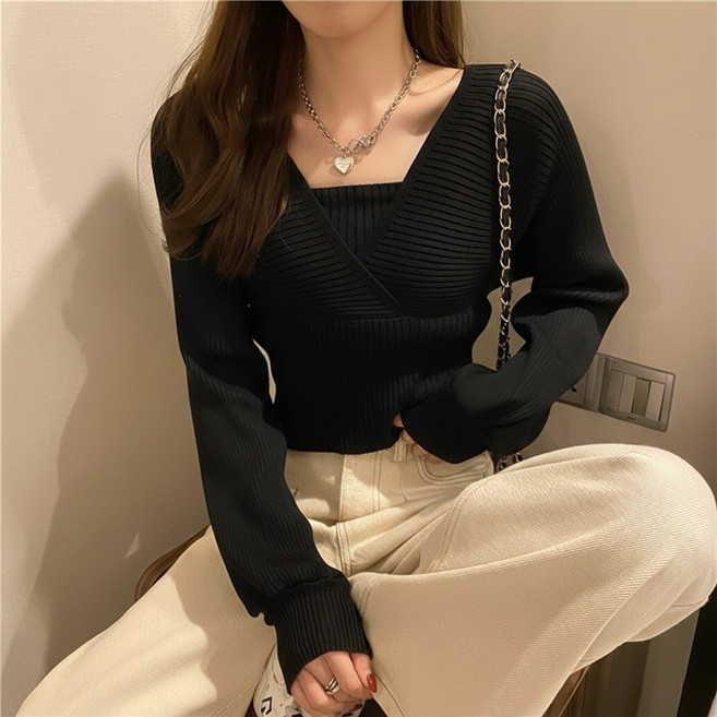 Firina 여성 어깨트임 랩스타일 골지 니트 긴팔 슬림 라인 레이어드 데일리룩 간절기 이너