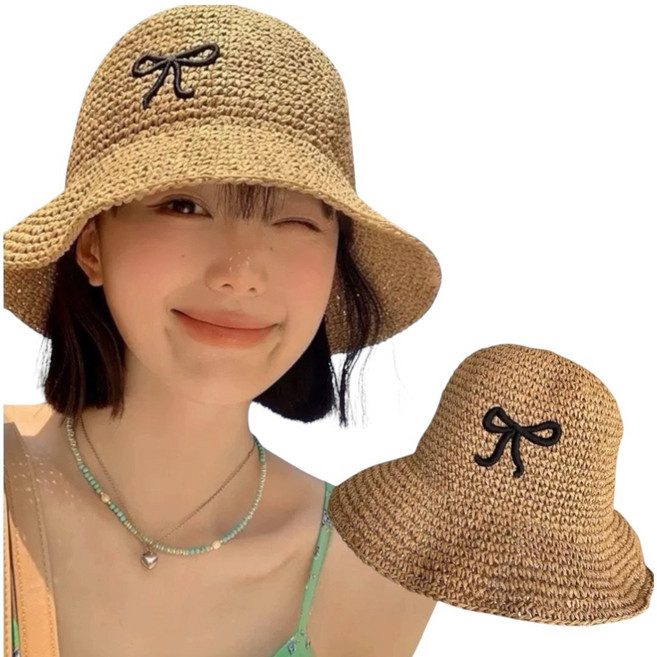 草編蝴蝶結刺繡漁夫帽 遮陽帽