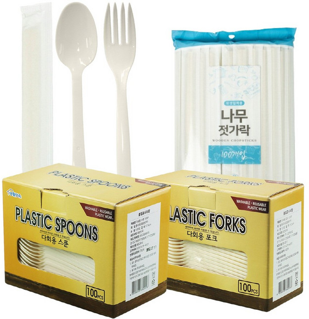생활미소 식사도구 100입 세트 (플라스틱스푼+플라스틱포크+나무젓가락), 1세트