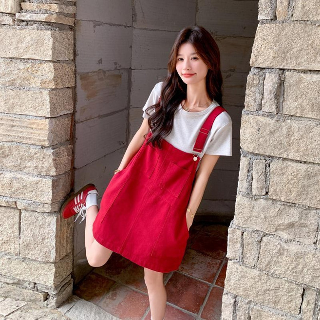 COSYEVNO 여성 봄여름 캐주얼 멜빵 스커트 원피스 레드 LFHbdq-2