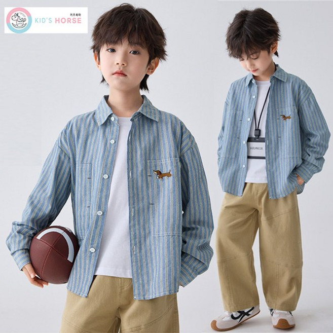 키즈목마 남아 여아 봄 가을 스트라이프 강아지 셔츠 바지 세트 키즈 초등생 긴팔 주니어 와이드팬츠 투피스 918