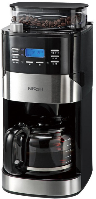 NICOH 美式12杯自動錐磨咖啡機 預約定時 大容量家用辦公室, 黑銀雙色面板, NK-C121