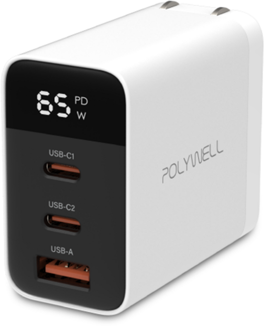 POLYWELL 65W氮化鎵多端口快速充電器 USB-C/USB-A, 白色, 1個