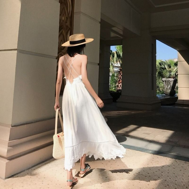 三禾 普吉島馬爾地夫沙灘裙 夏泰國性感漏背洋裝海邊度假仙女裙, 白色 收藏有禮,M
