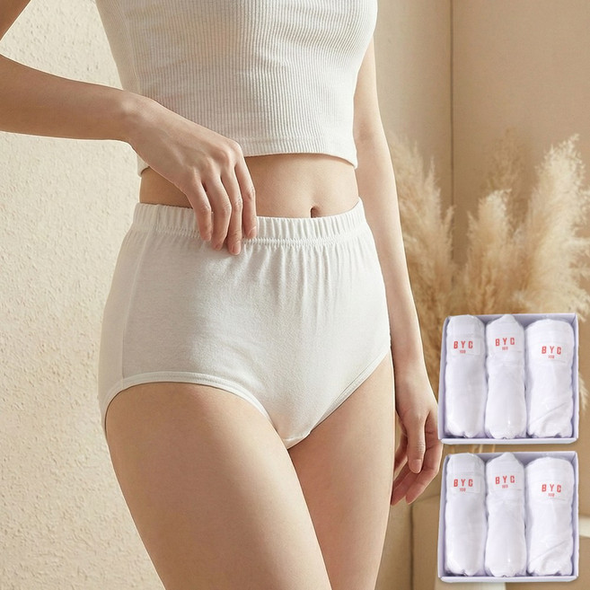 BYC 6매입 순면 여성 위생팬티 빅사이즈 여자 속옷 면팬티 하이웨스트 팬티 세트