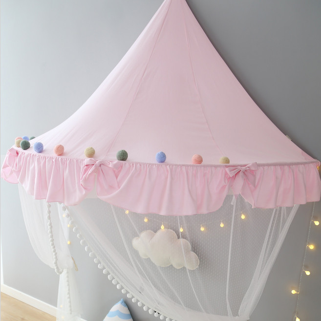 침대 캐노피 어린이 유아 여자아이 남자아이 방 인테리어 공주 커튼, 핑크 나비 매듭 큰 1.45m + 모기장