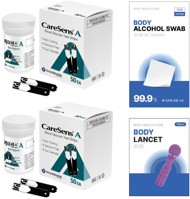 케어센스A 혈당 시험지 100매 + 알콜솜 100매 + 채혈침 100개 검사지 체크지 스트립, 1세트, 시험지100매+솜100매