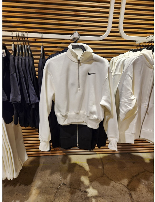 나이키 NSW 여성 맨투맨 크롭 오버핏 플리스 하프 집업 긴팔 스웨트 셔츠 화이트