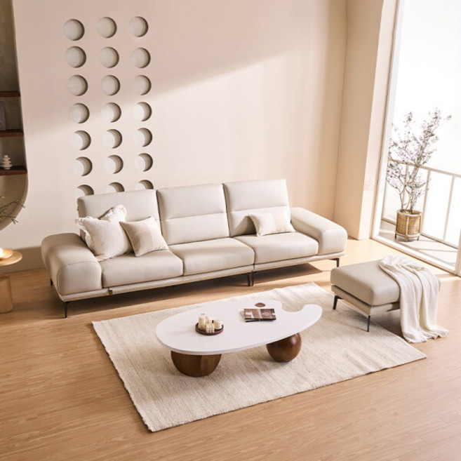 [다우닝] [사은품증정] 루미아 4인 전체 통가죽 소파+스툴, 색상:뉴베이지