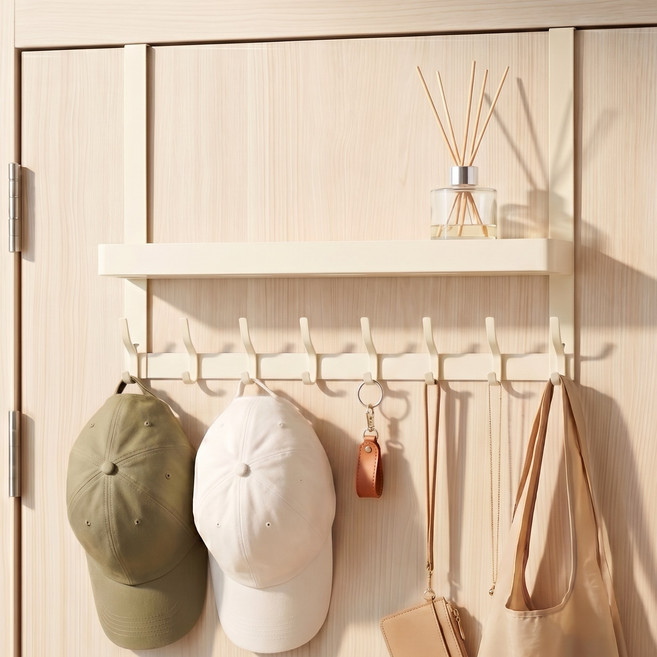 앤아일즈 무타공 낮고 긴 도어행거 16구 선반형 모자걸이, 아이보리