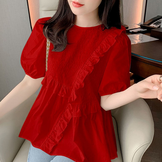 쩐쿠 여름 여성 라운드넥 반팔 빅사이즈 블라우스 8089